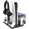PS5 Vertical Stand with Cooling Fan and Dual Controller Charger Station, Playstation 5 Console Accessories with Headphone Hook and 14 Game Rack Storage, Media Organizer