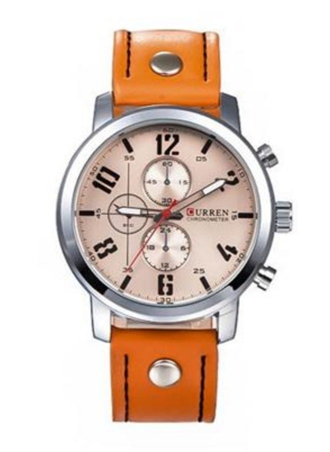 Curren 8192 Quartz Watch With Leather Band For Men Orange And Silver